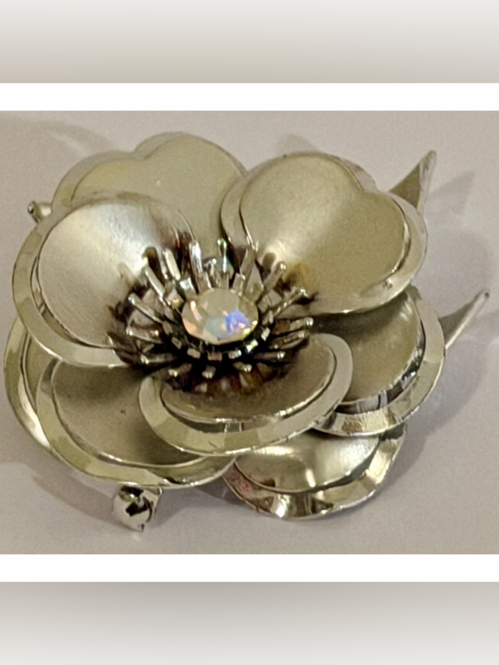 Vintage Silver Tone Flower Brooch AB Rhinestone Floral Pin Statement Bloom